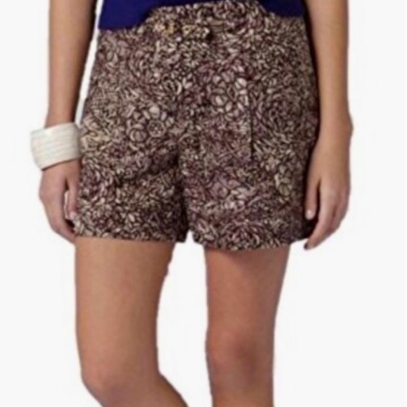 Anthropologie Coquille Linen Blend Floral Doodle Shorts Size 8 Brown Pleated - Picture 3 of 9